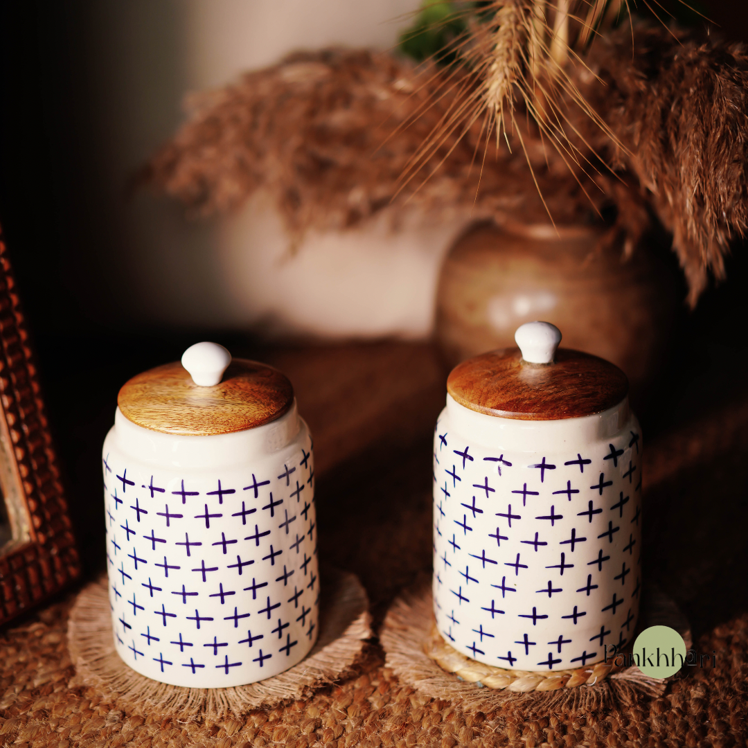 Hand painted Blue White Ceramic Airtight Container with Wooden Lid