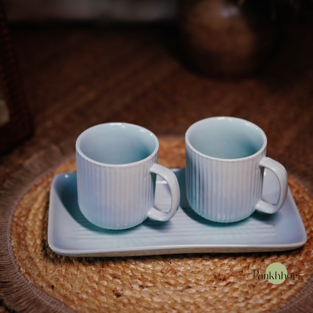 Stripped Ceramic Mugs with Tray Set