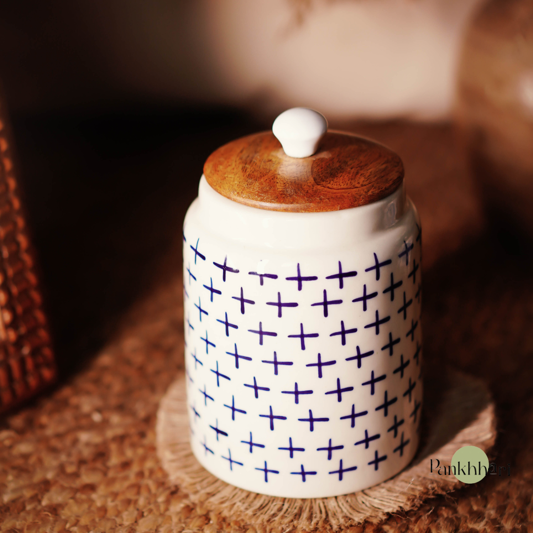 Hand painted Blue White Ceramic Airtight Container with Wooden Lid