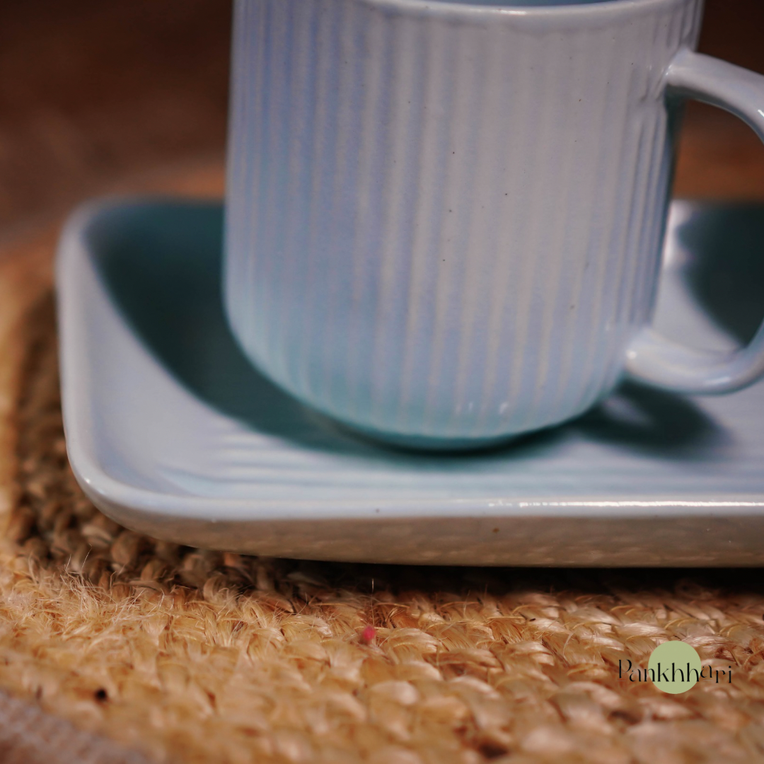 Stripped Ceramic Mugs with Tray Set