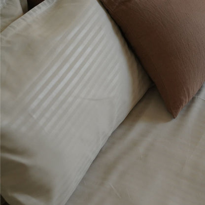 Stripe Beige Queen Size Cotton Bedsheet Set with Pillow Covers