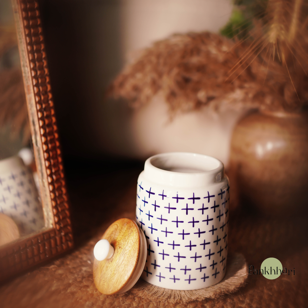 Hand painted Blue White Ceramic Airtight Container with Wooden Lid