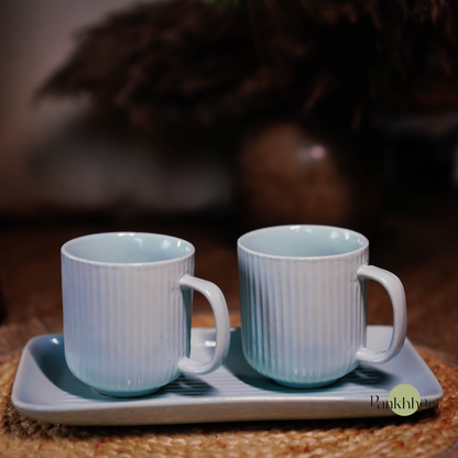 Stripped Ceramic Mugs with Tray Set