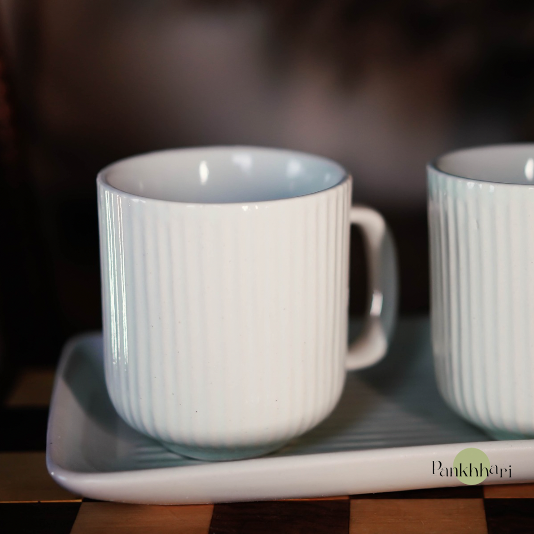 Stripped Ceramic Mugs with Tray Set