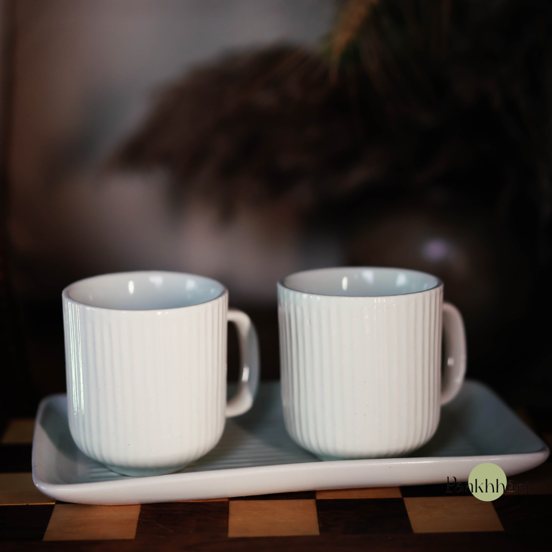 Stripped Ceramic Mugs with Tray Set