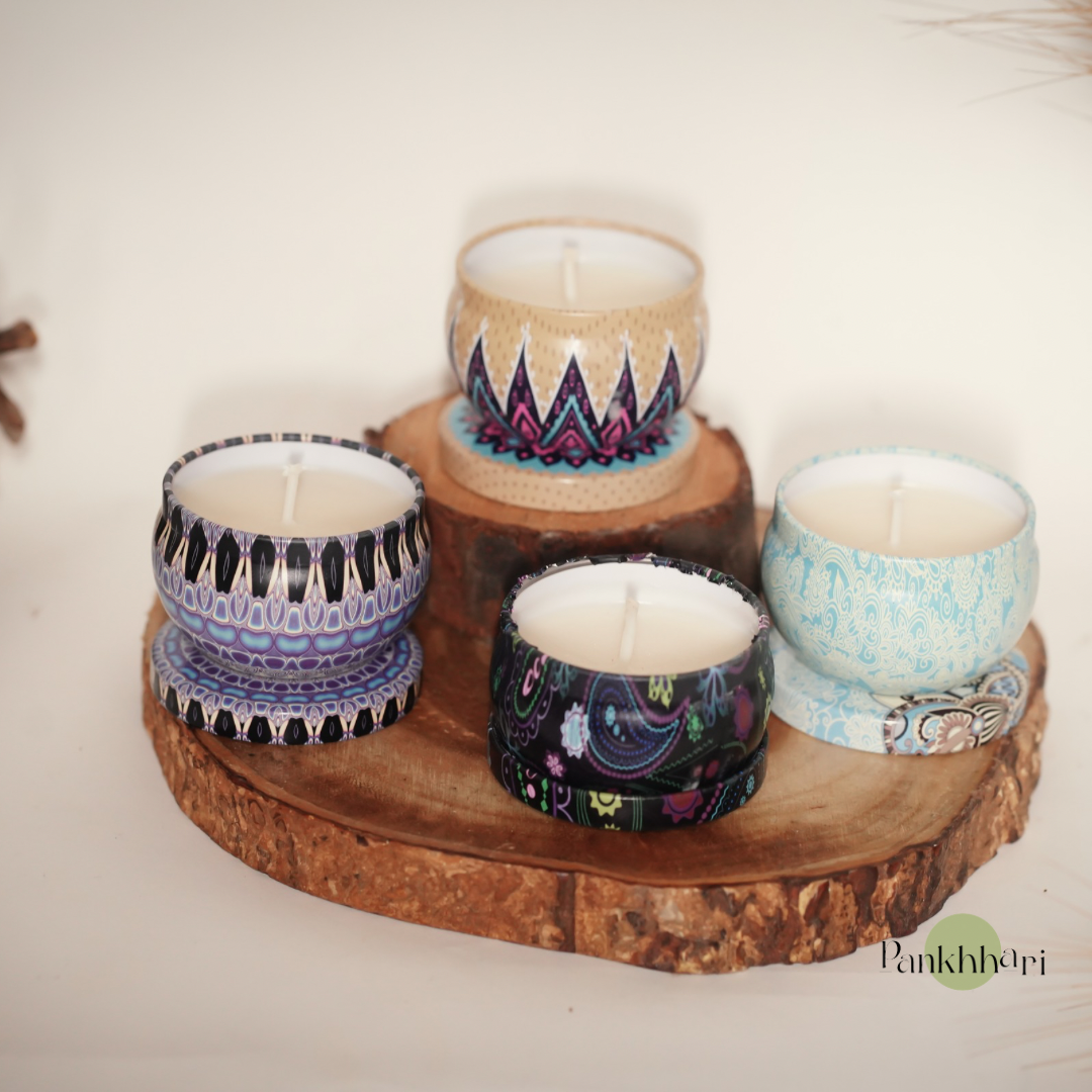 Boho Set of 4 Tin Candles (Multicolour)