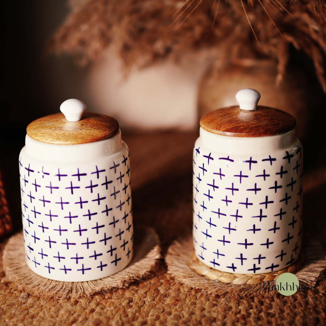 Hand painted Blue White Ceramic Airtight Container with Wooden Lid